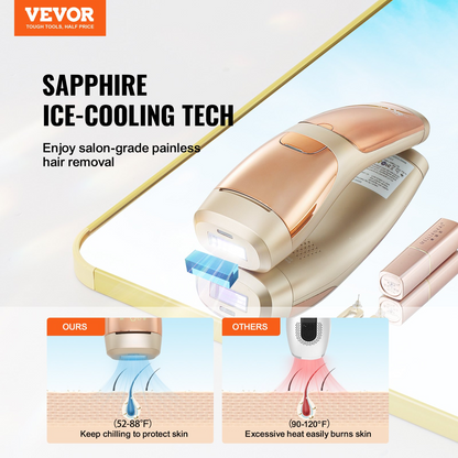 Start2Finish VEVOR IPL hair removal device with sapphire cooling system, showing device with control panel for at-home use.