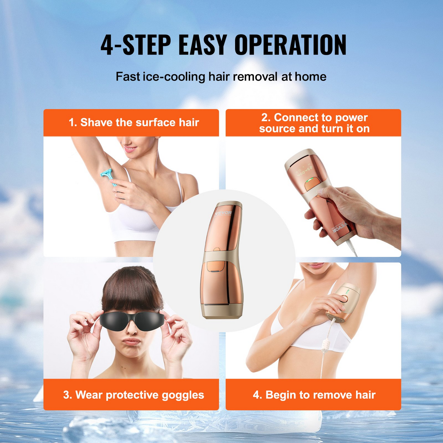 Start2Finish VEVOR IPL hair removal device with sapphire cooling system for painless at-home body and face hair removal.