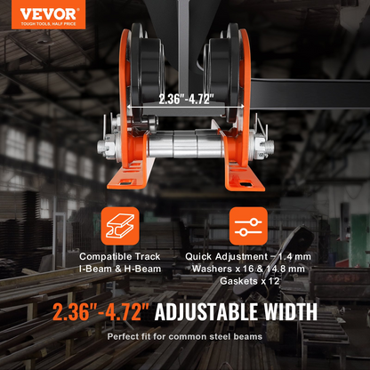 Start2Finish VEVOR electric hoist manual trolley with dual wheels and adjustable flange width for I beams, 1100 lbs capacity.