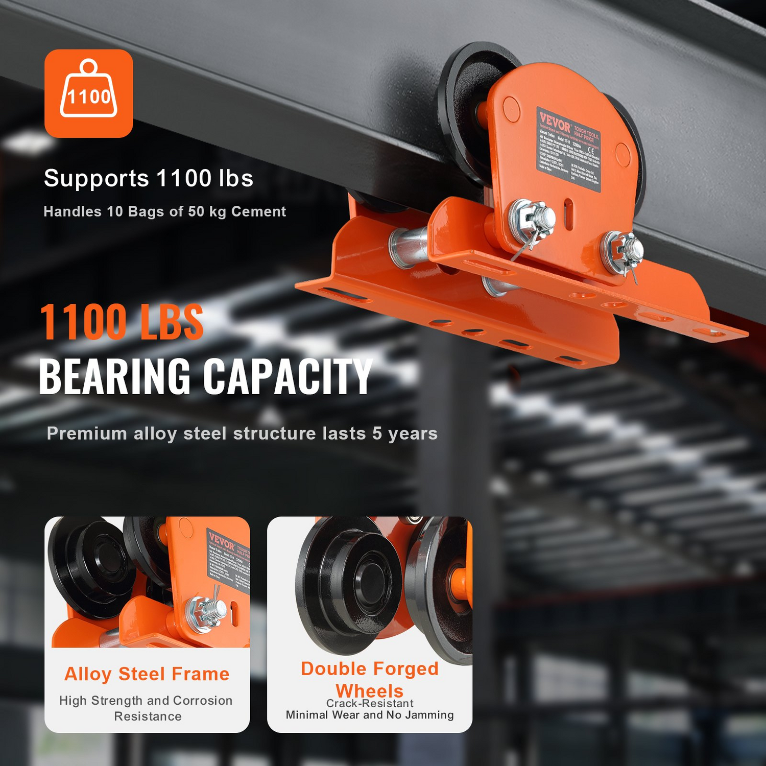 Start2Finish VEVOR electric hoist manual trolley with dual wheels, adjustable flange width for 1100 lbs capacity I-beam lifting.