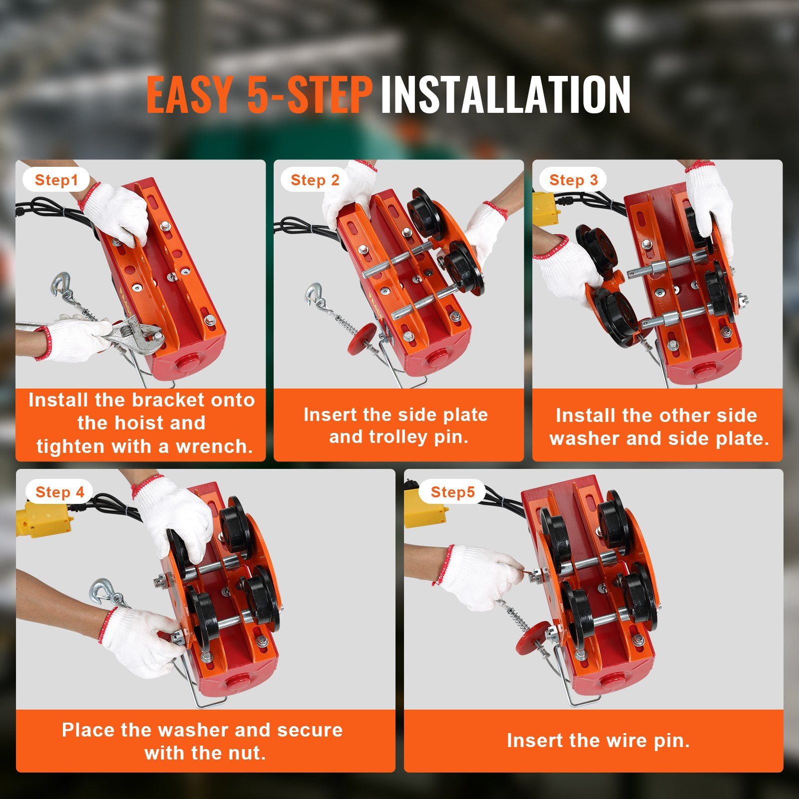 Start2Finish VEVOR electric hoist manual trolley with dual wheels, adjustable flange width, suitable for I-beams, 1100 lbs capacity.