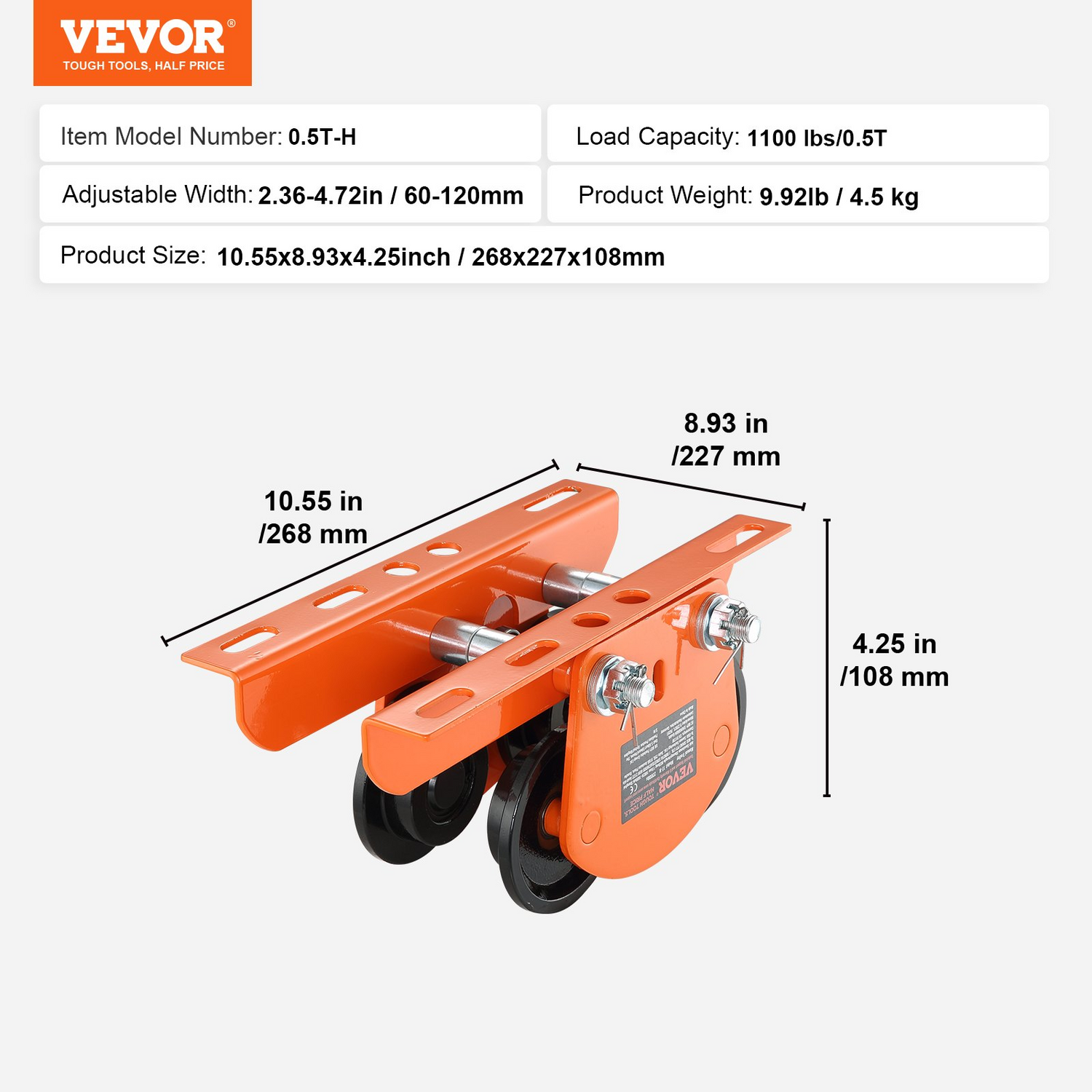 Start2Finish VEVOR electric hoist manual trolley with dual wheels, adjustable flange, for I beams, 1100 lbs capacity, suited for PA series models.