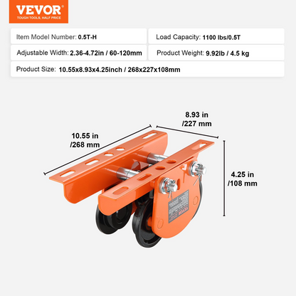 Start2Finish VEVOR electric hoist manual trolley with dual wheels, adjustable flange, for I beams, 1100 lbs capacity, suited for PA series models.