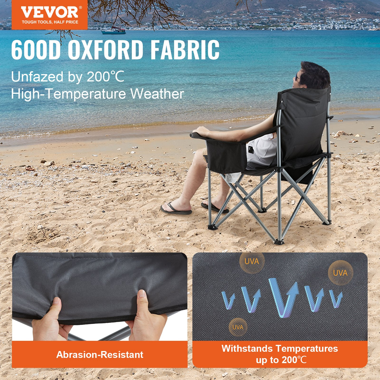 Start2Finish outdoor folding camping chair with lumbar support, padded arms, side pockets, cup holder, and cooler bag in black for outdoor use.