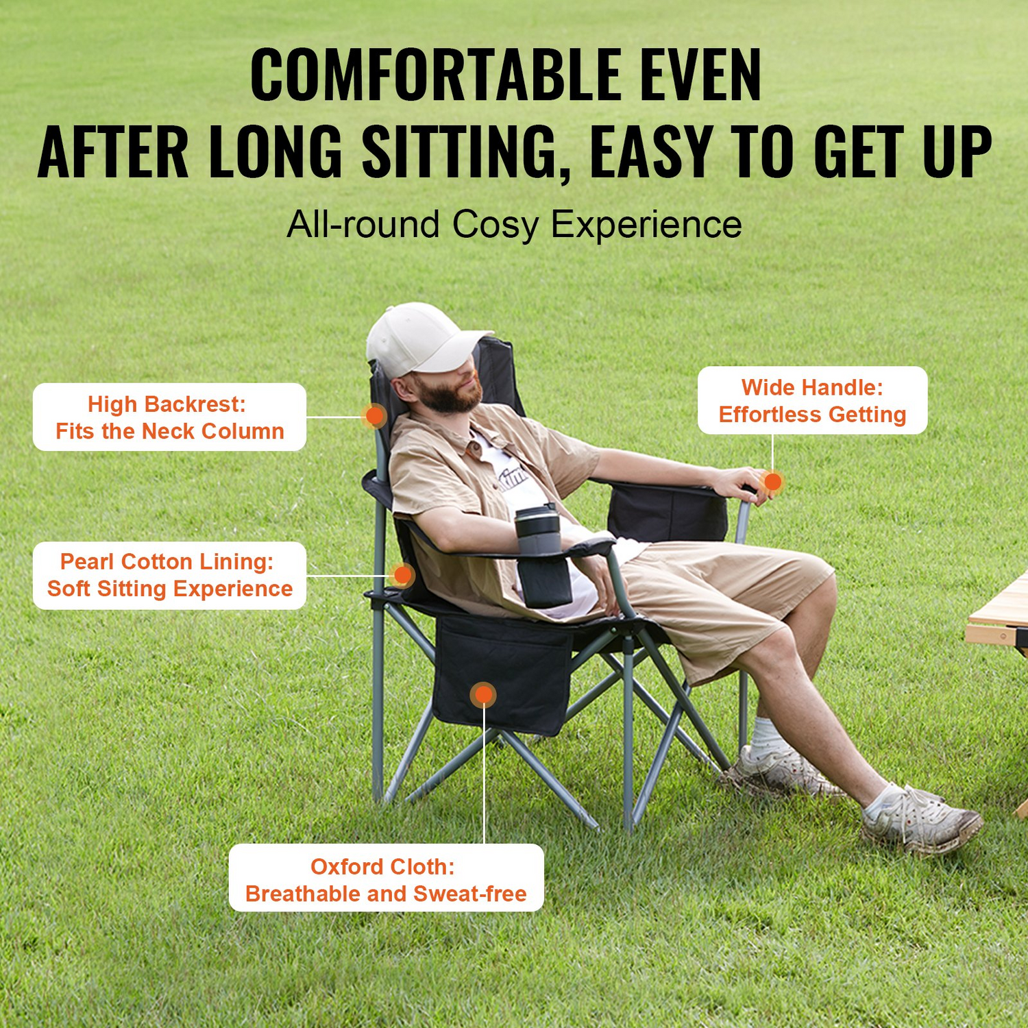 Start2Finish VEVOR outdoor folding camping chair with padded lumbar back support, armrests, side pockets, cup holder, and cooler bag in black.