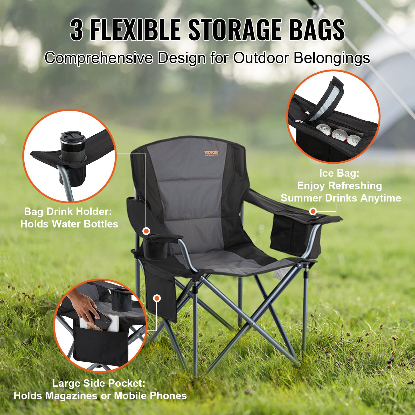 Start2Finish outdoor VEVOR camping folding chair with lumbar support, padded arms, side pockets, cup holder, and cooler bag in black.