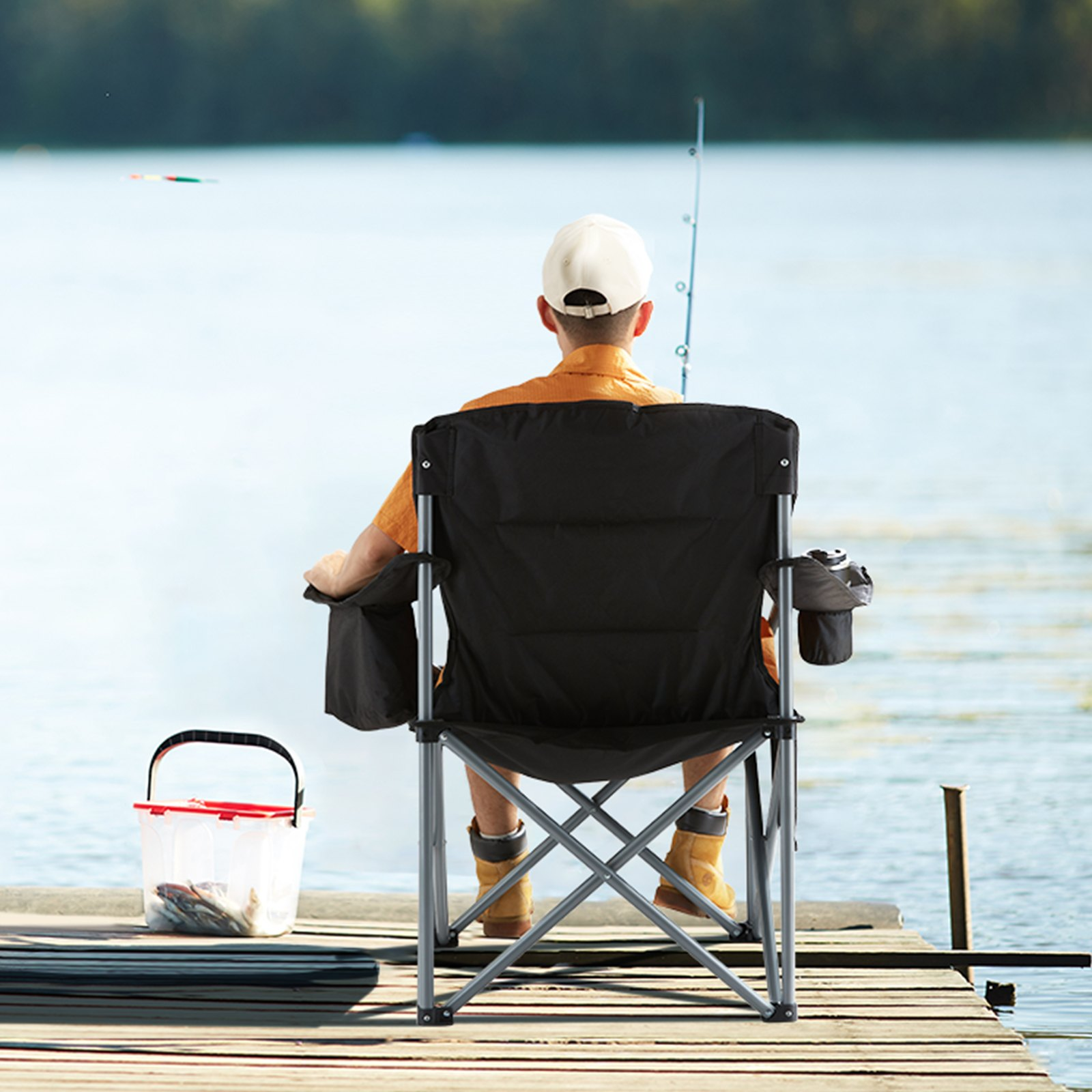 Outdoor VEVOR camping folding chair by Start2Finish with lumbar support, padded arms, side pockets, cup holder, and cooler bag in black.