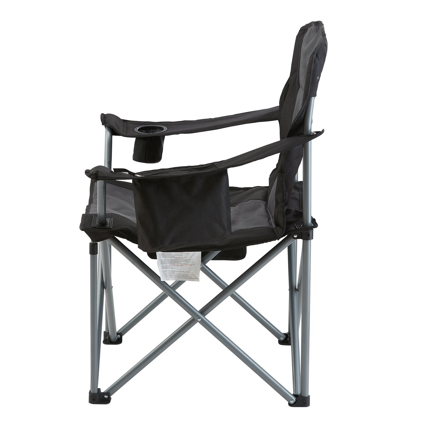 Start2Finish outdoor camping folding chair with padded armrests, side pockets, cup holder, and cooler bag in black, suitable for outdoor activities.