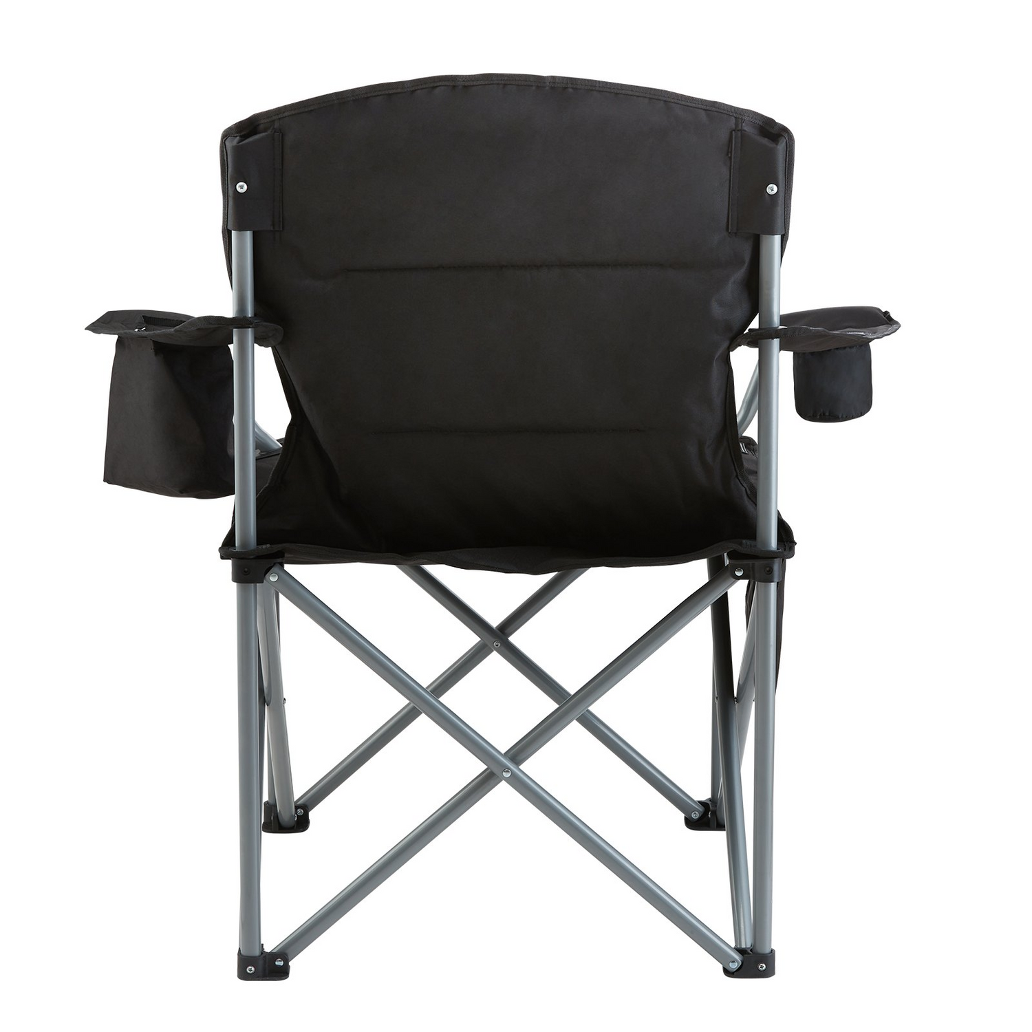 Start2Finish VEVOR outdoor folding camping chair with padded armrests, lumbar support, side pockets, cup holder, and cooler bag in black.