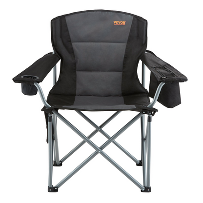 Start2Finish VEVOR outdoor folding camping chair with lumbar support, padded arms, side pockets, cup holder, and cooler bag in black.