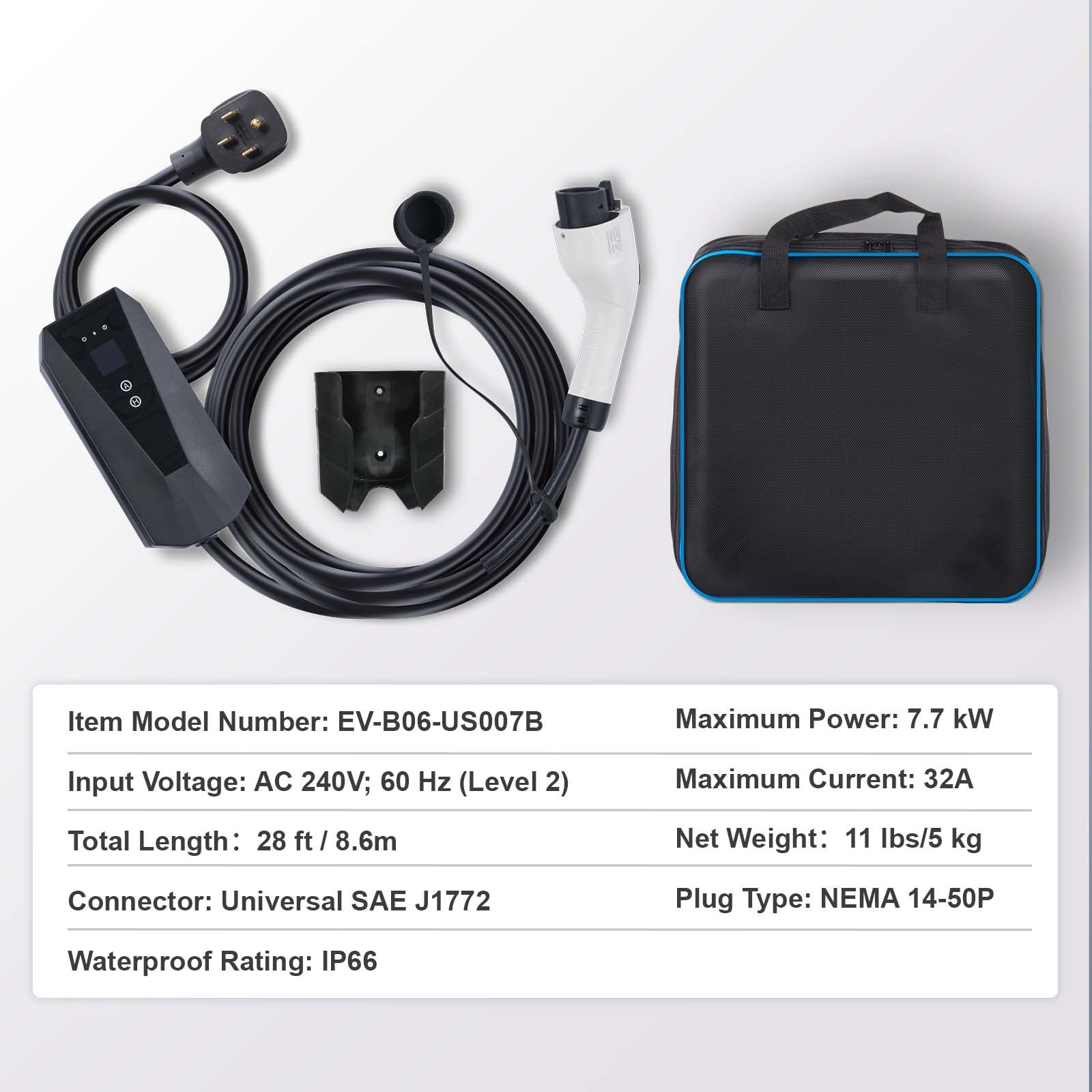 Start2Finish VEVOR Level 2 portable EV charger with 28 ft cable, 240V, 32A, NEMA 14-50P plug for SAE J1772 electric vehicles.