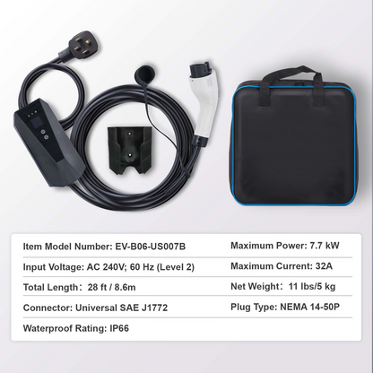 Start2Finish VEVOR Level 2 portable EV charger with 28 ft cable, 240V, 32A, NEMA 14-50P plug for SAE J1772 electric vehicles.