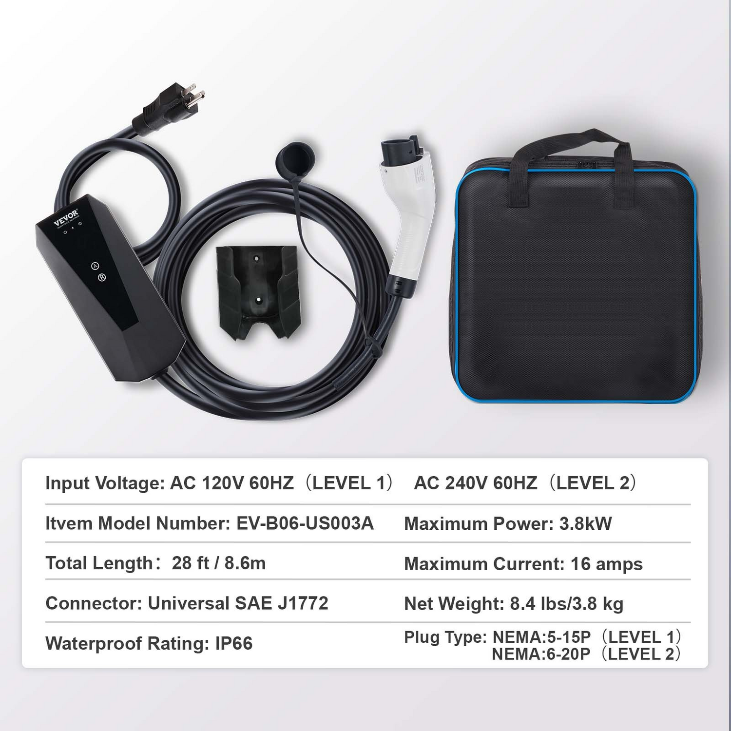 Start2Finish VEVOR Level 1+2 portable EV charger with 28-foot cable, NEMA plugs, for SAE J1772 electric vehicle charging.