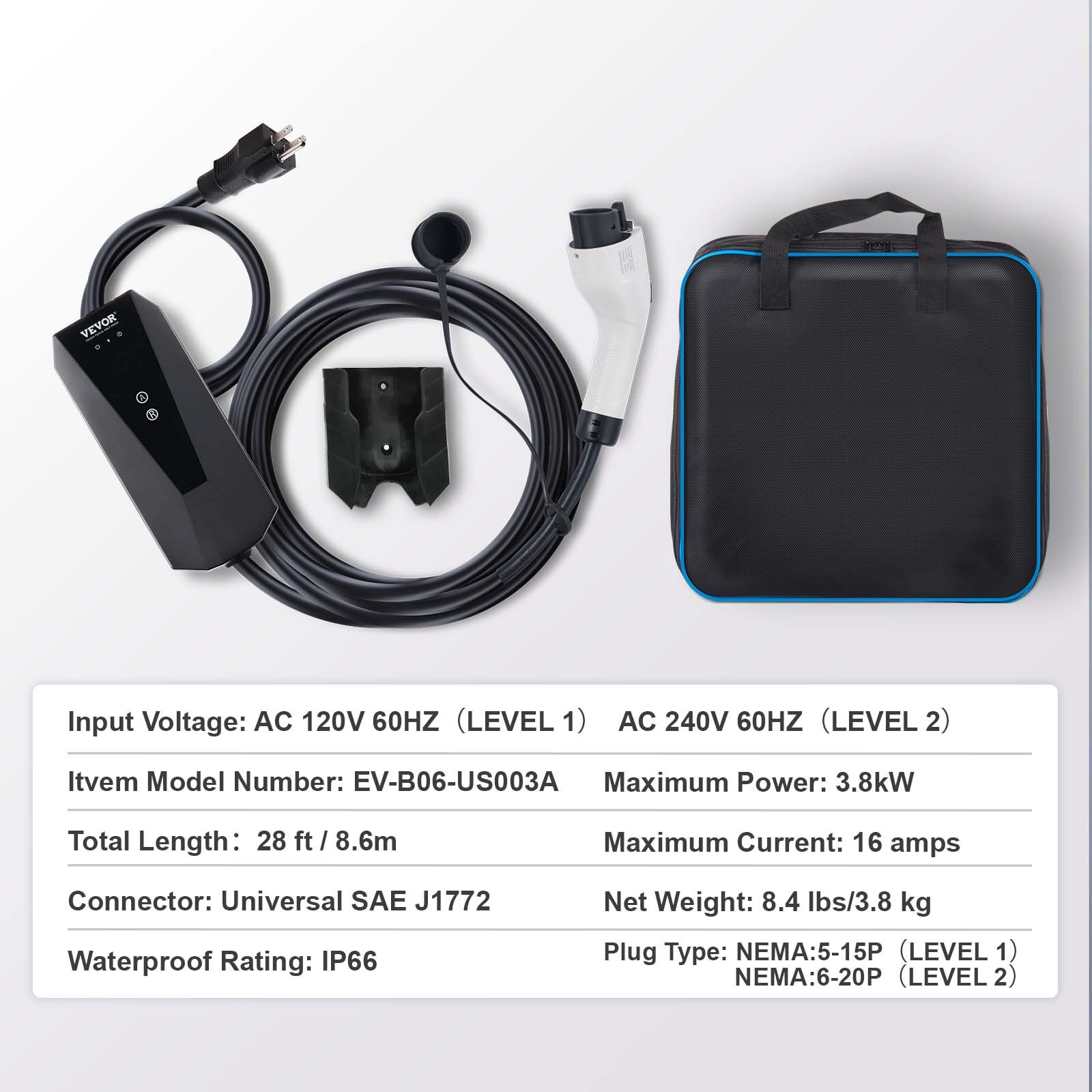 Start2Finish VEVOR Level 1+2 portable EV charger with 28-foot cable, NEMA plugs, for SAE J1772 electric vehicle charging.