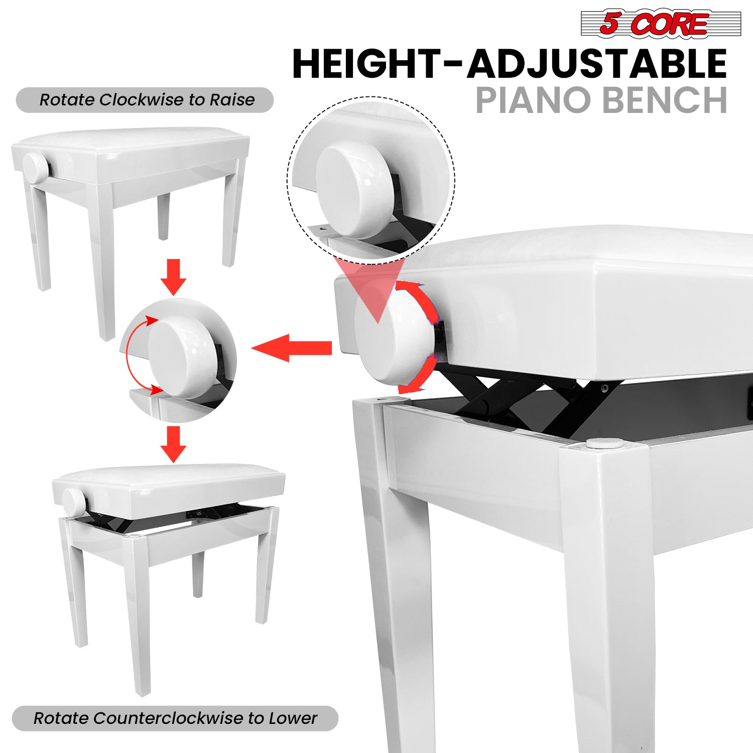 Start2Finish adjustable piano bench with thick 3.25-inch solid wood seat, heavy-duty musician chair for keyboard and piano players.