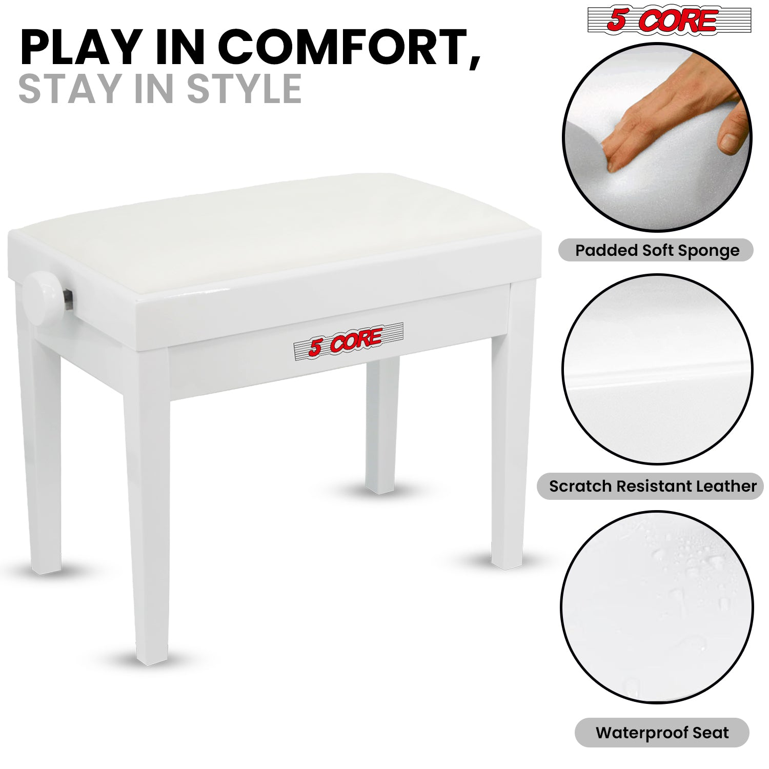 Start2Finish adjustable piano bench with thick 3.25-inch solid wood seat, heavy-duty musician chair for keyboard and piano players.