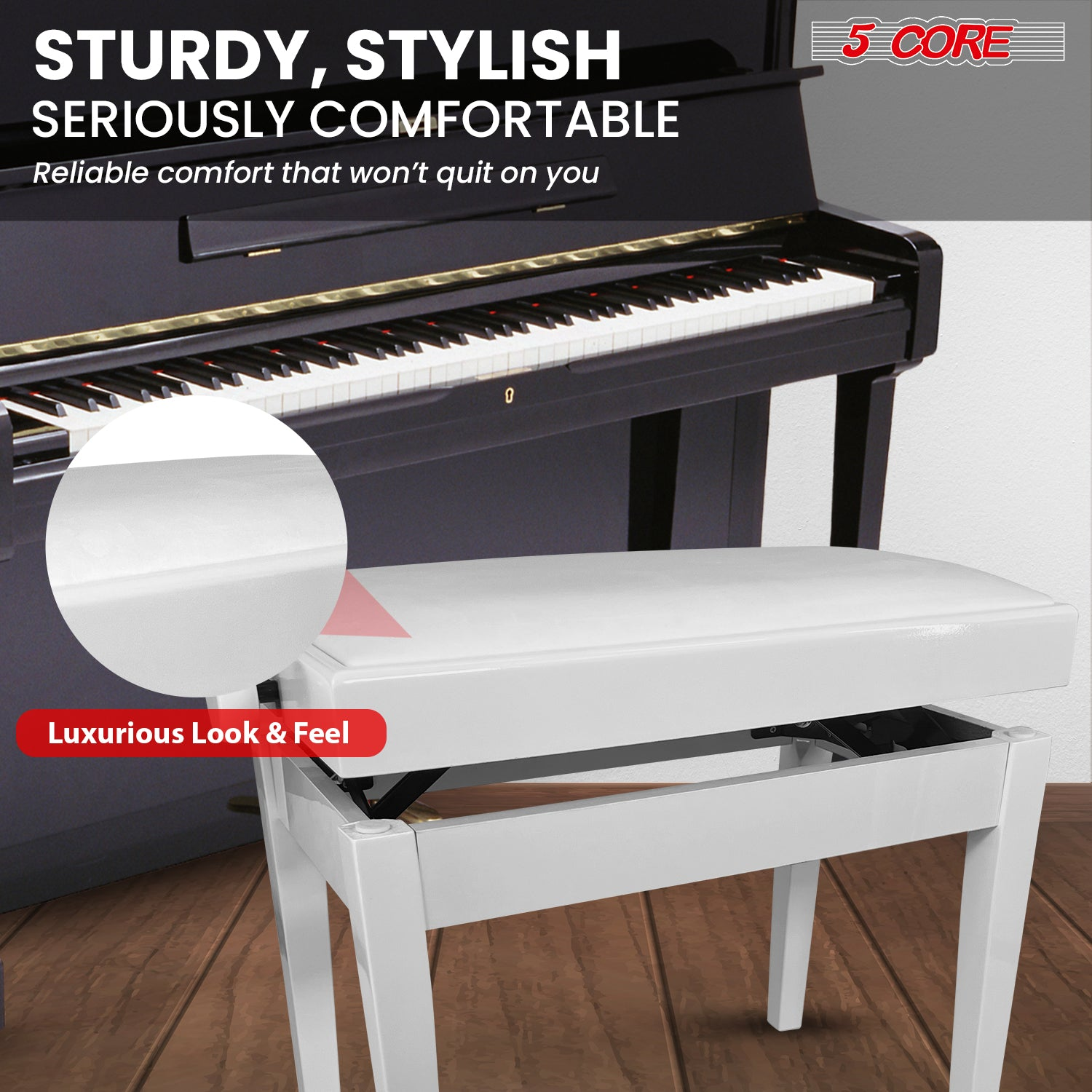 Start2Finish 5 Core adjustable piano bench with thick 3.25-inch solid wood seat, heavy-duty musician chair for keyboard and piano.