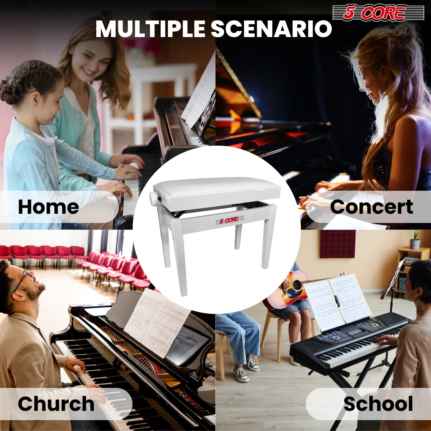 Start2Finish 5-core adjustable piano bench with thick 3.25-inch solid wood seat, heavy-duty musician chair for keyboard players.