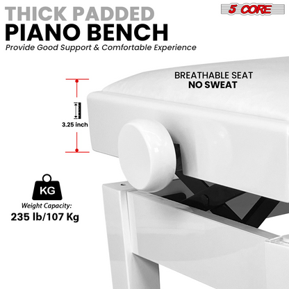 Start2Finish 5 core adjustable piano bench with thick 3.25-inch solid wood seat and heavy-duty metal legs for musicians.