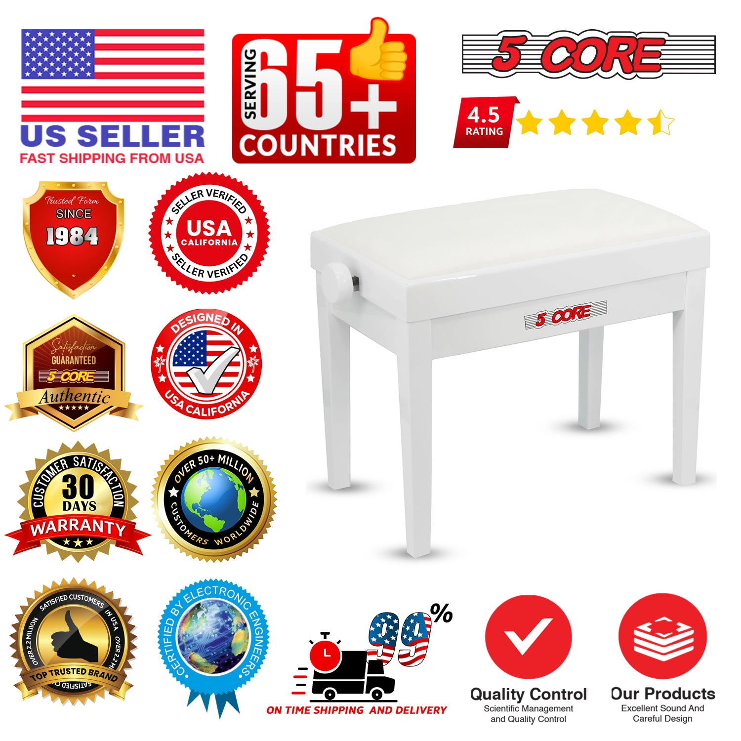 Start2Finish 5 core adjustable piano bench with thick 3.25-inch solid wood seat and sturdy metal legs, ideal for musicians.
