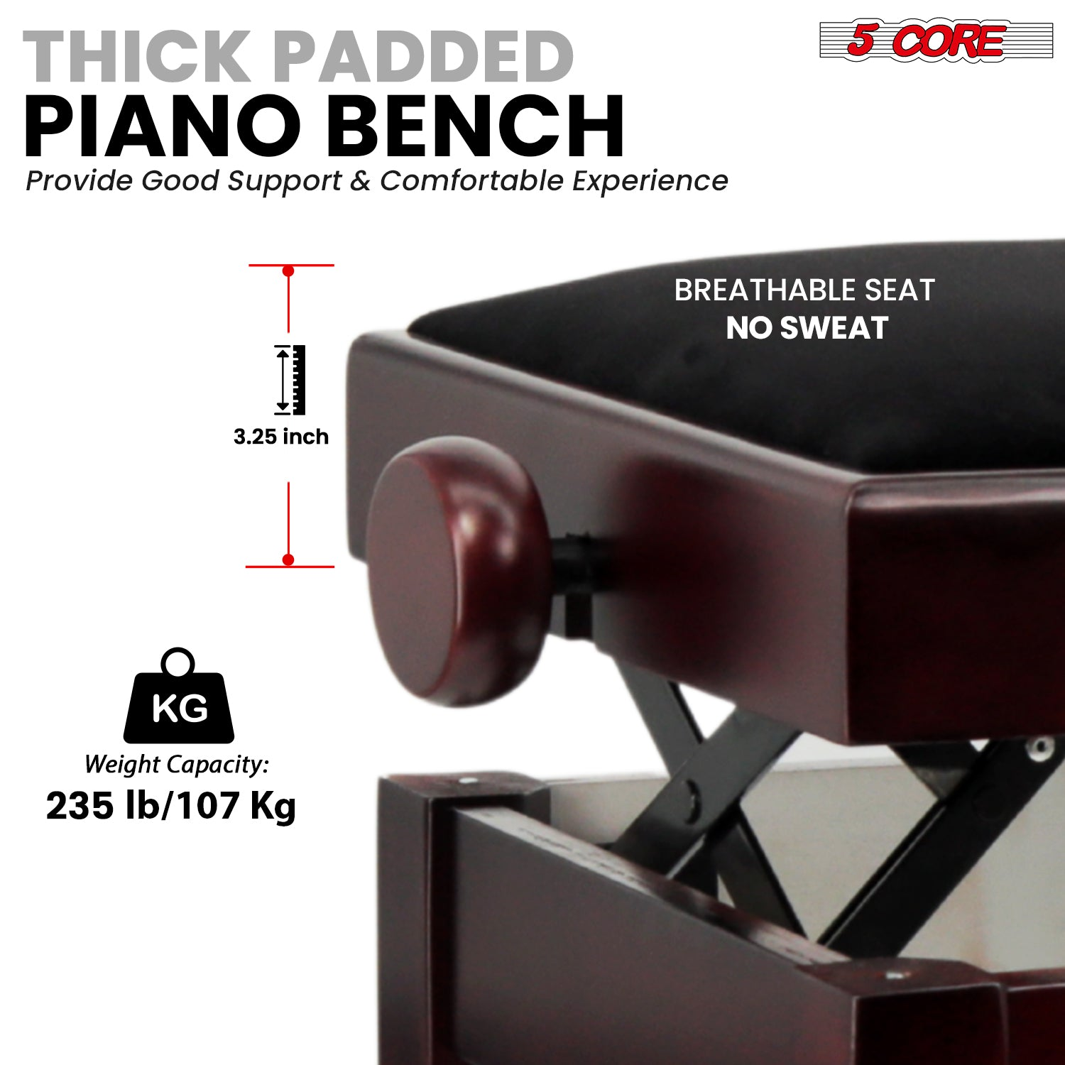 Start2Finish 5 core adjustable piano bench with thick 3.25-inch solid wood seat and heavy-duty musician chair for keyboard playing.