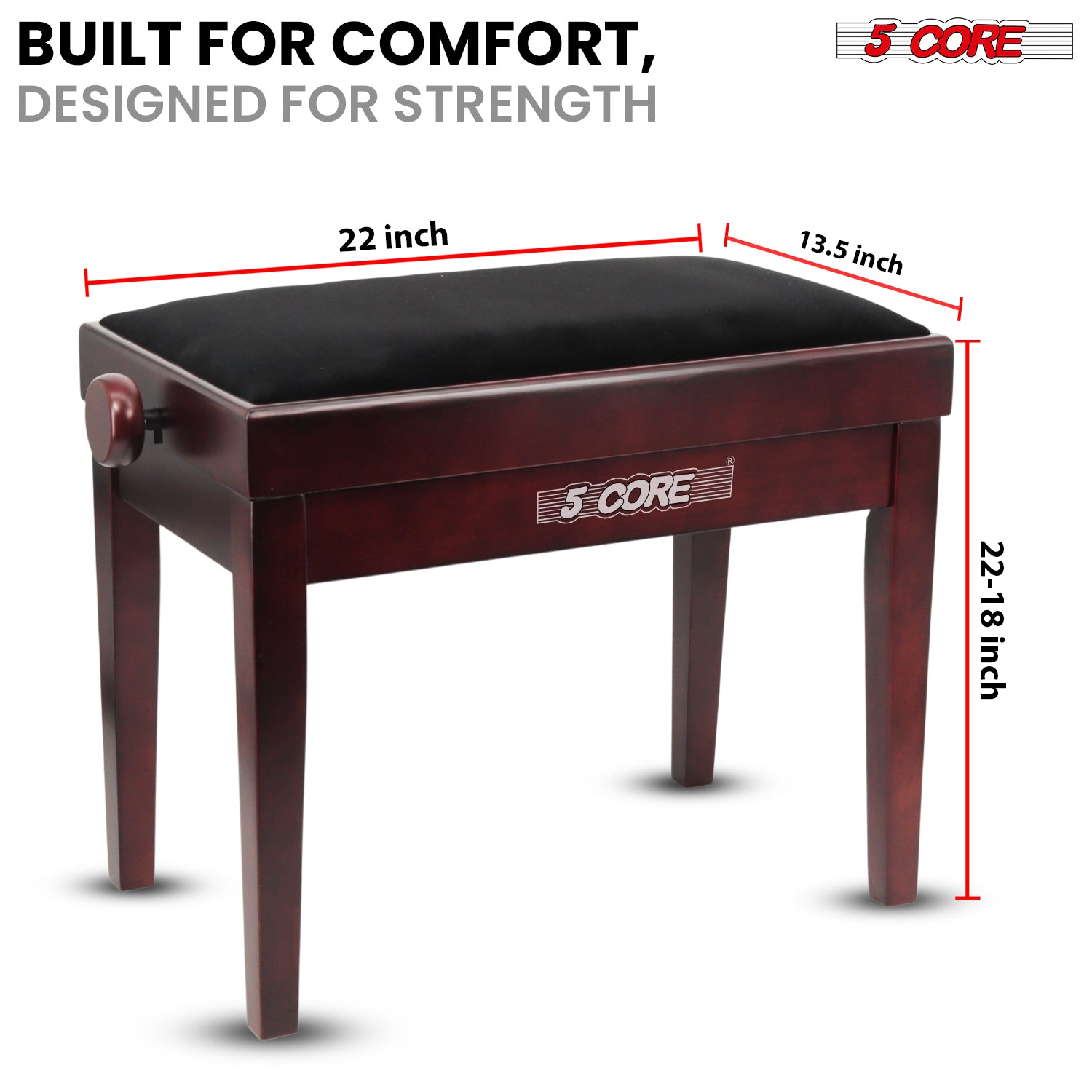 Start2Finish 5-core adjustable piano bench with thick solid wood seat, heavy-duty musician chair for keyboard and piano playing.