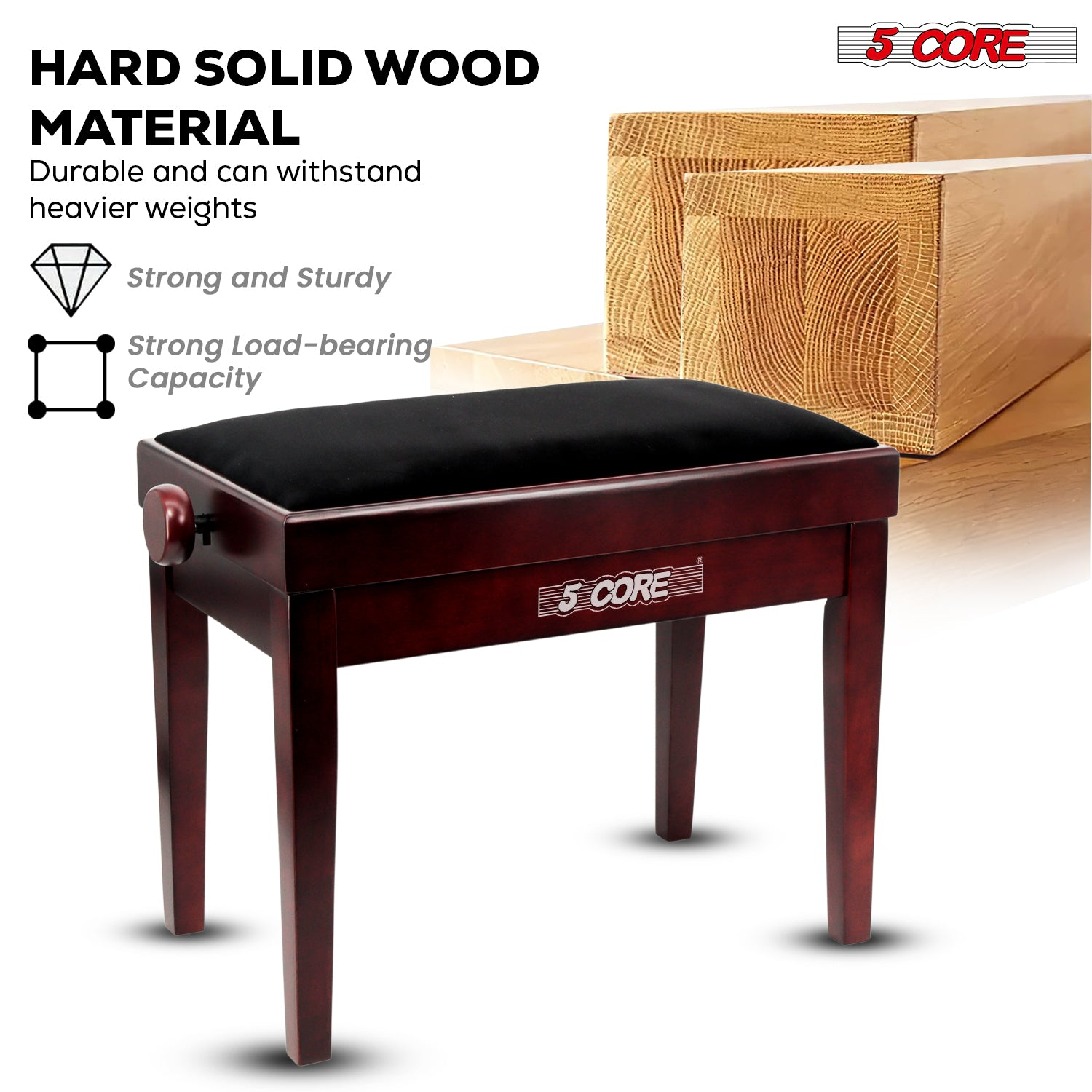 Start2Finish 5 core adjustable piano bench with thick 3.25-inch solid wood seat and heavy-duty musician chair for keyboard playing.
