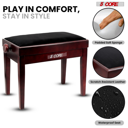 Start2Finish 5 core adjustable piano bench with thick 3.25-inch solid wood seat and heavy-duty musician chair design.