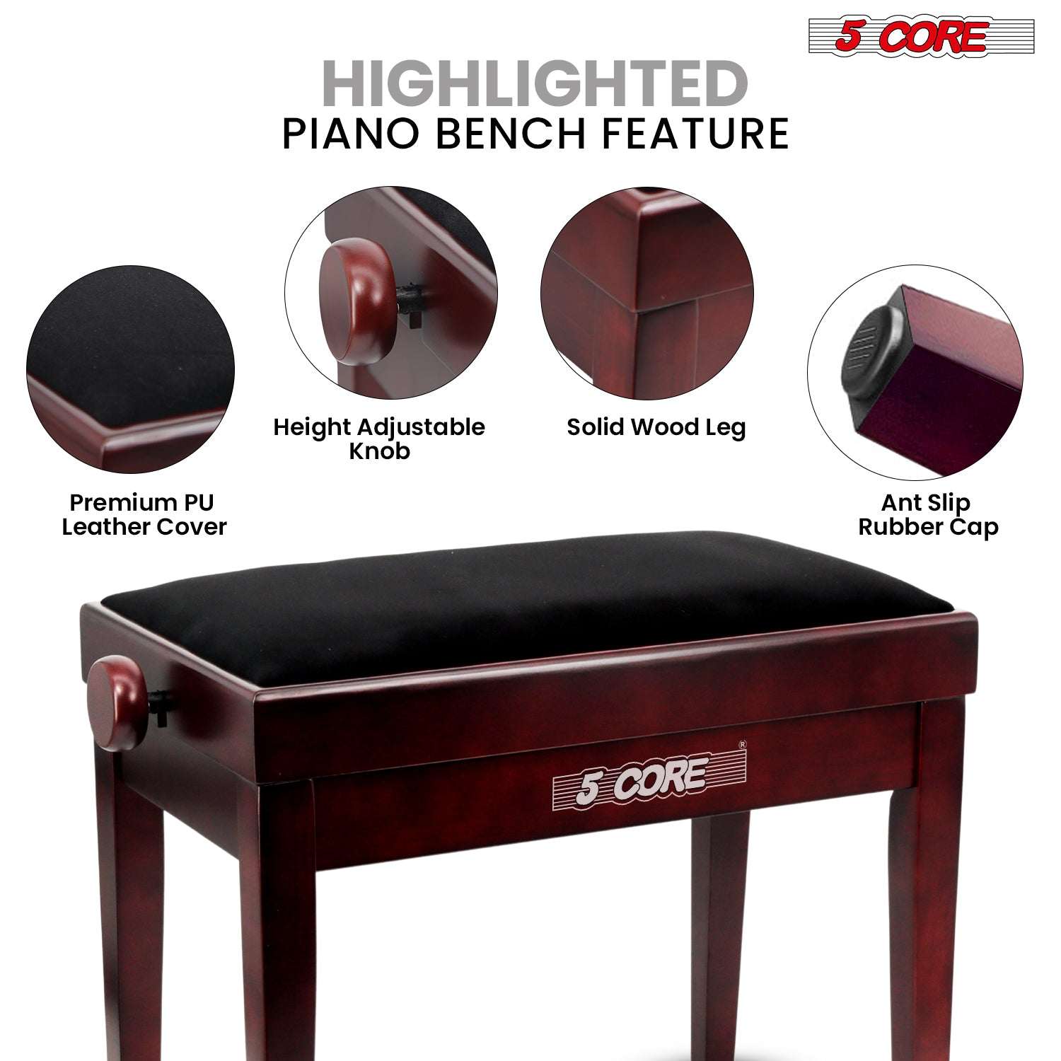 Start2Finish adjustable piano bench with thick 3.25-inch solid wood seat and heavy-duty construction for musicians.