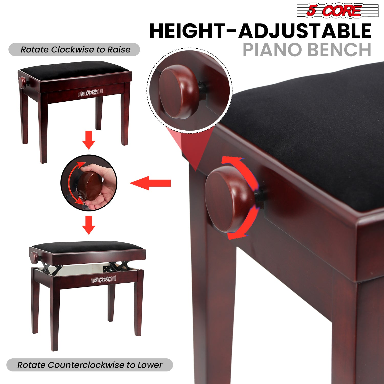 Start2Finish 5 Core adjustable piano bench with thick 3.25-inch solid wood seat and heavy-duty metal legs for musicians.