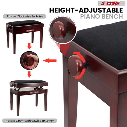 Start2Finish 5 Core adjustable piano bench with thick 3.25-inch solid wood seat and heavy-duty metal legs for musicians.