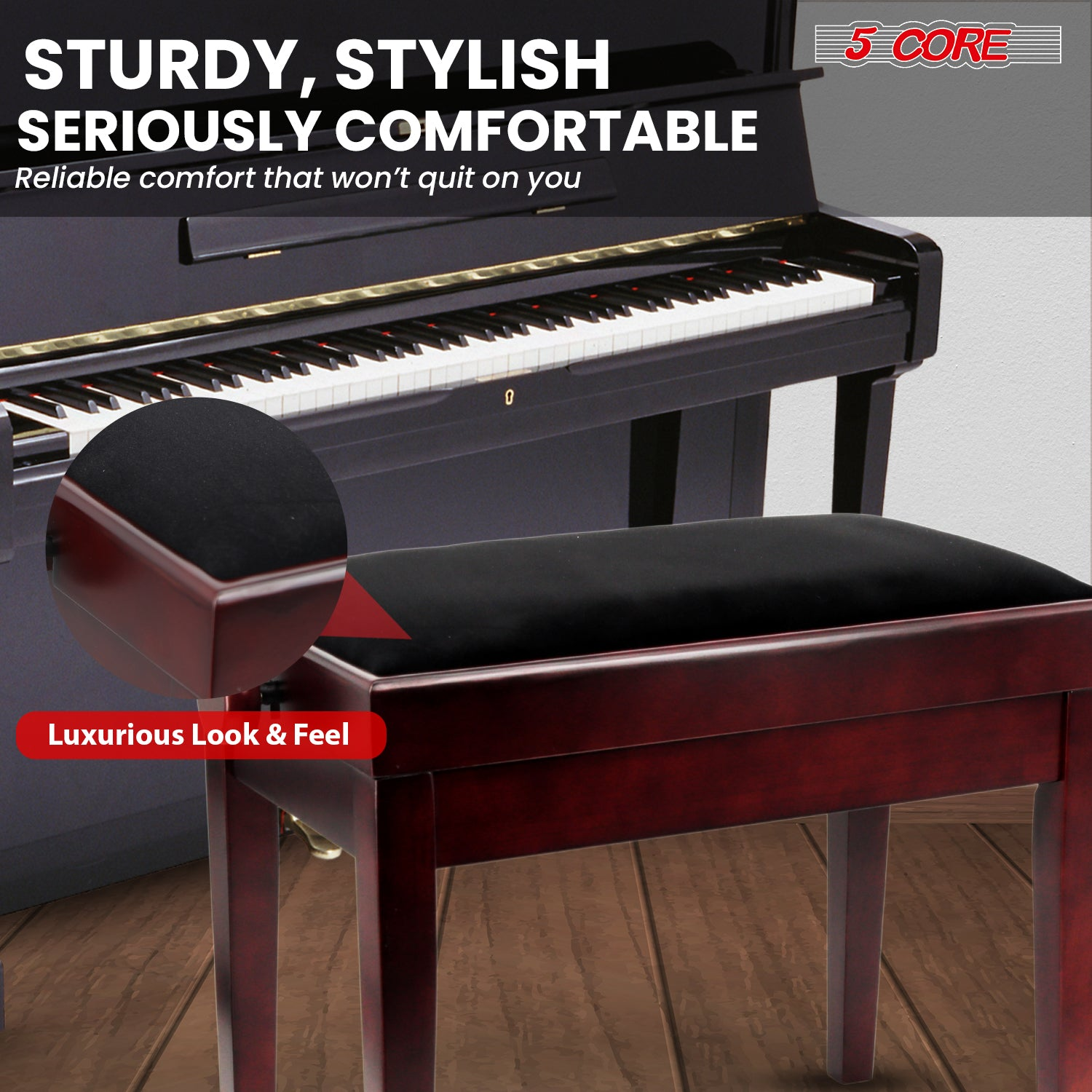 Start2Finish 5 core adjustable piano bench with thick 3.25-inch solid wood seat, heavy-duty musician chair for keyboard players