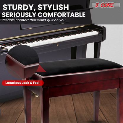Start2Finish 5 core adjustable piano bench with thick 3.25-inch solid wood seat, heavy-duty musician chair for keyboard players