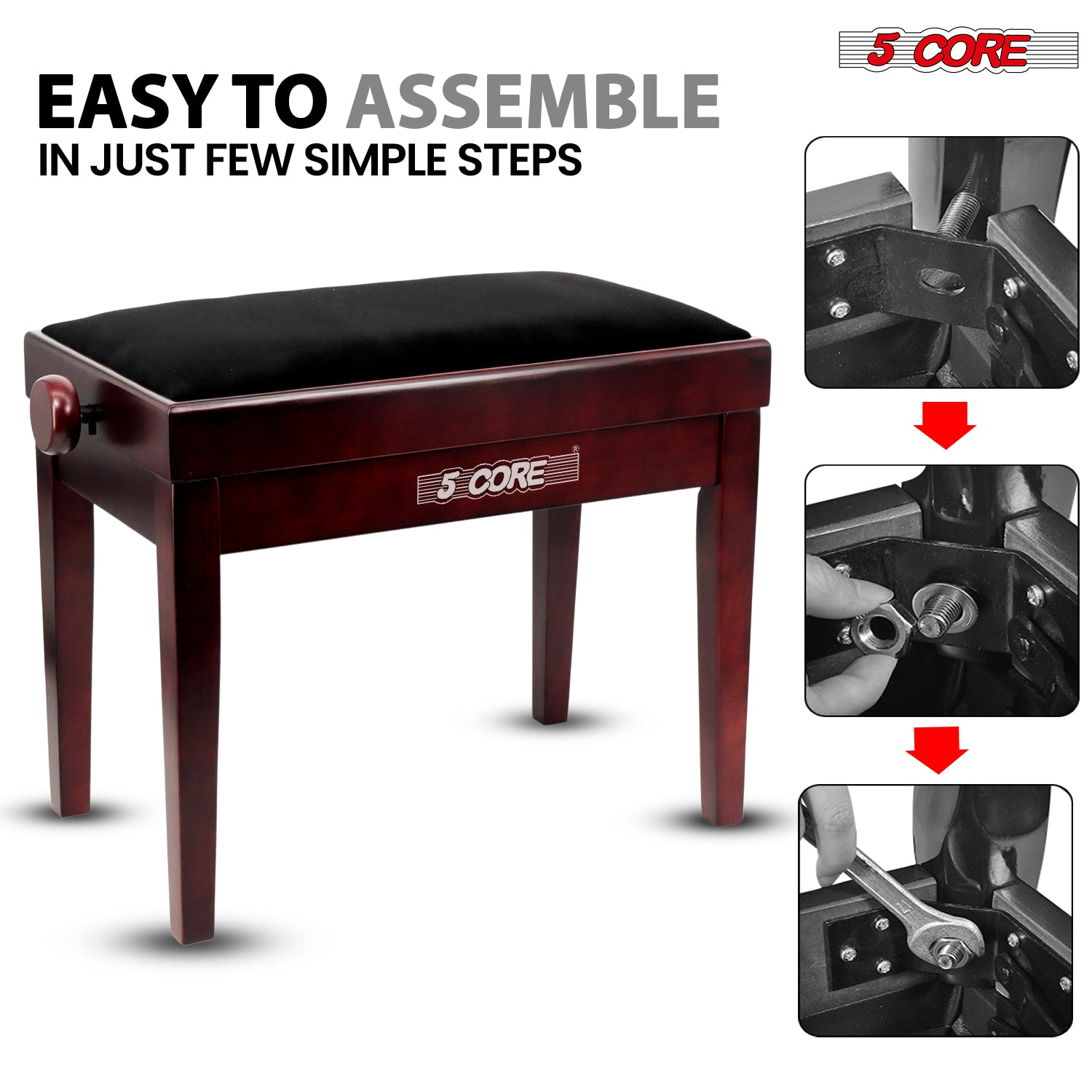 Start2Finish 5-core adjustable piano bench with thick 3.25-inch solid wood seat and sturdy metal legs for musicians and keyboard players.