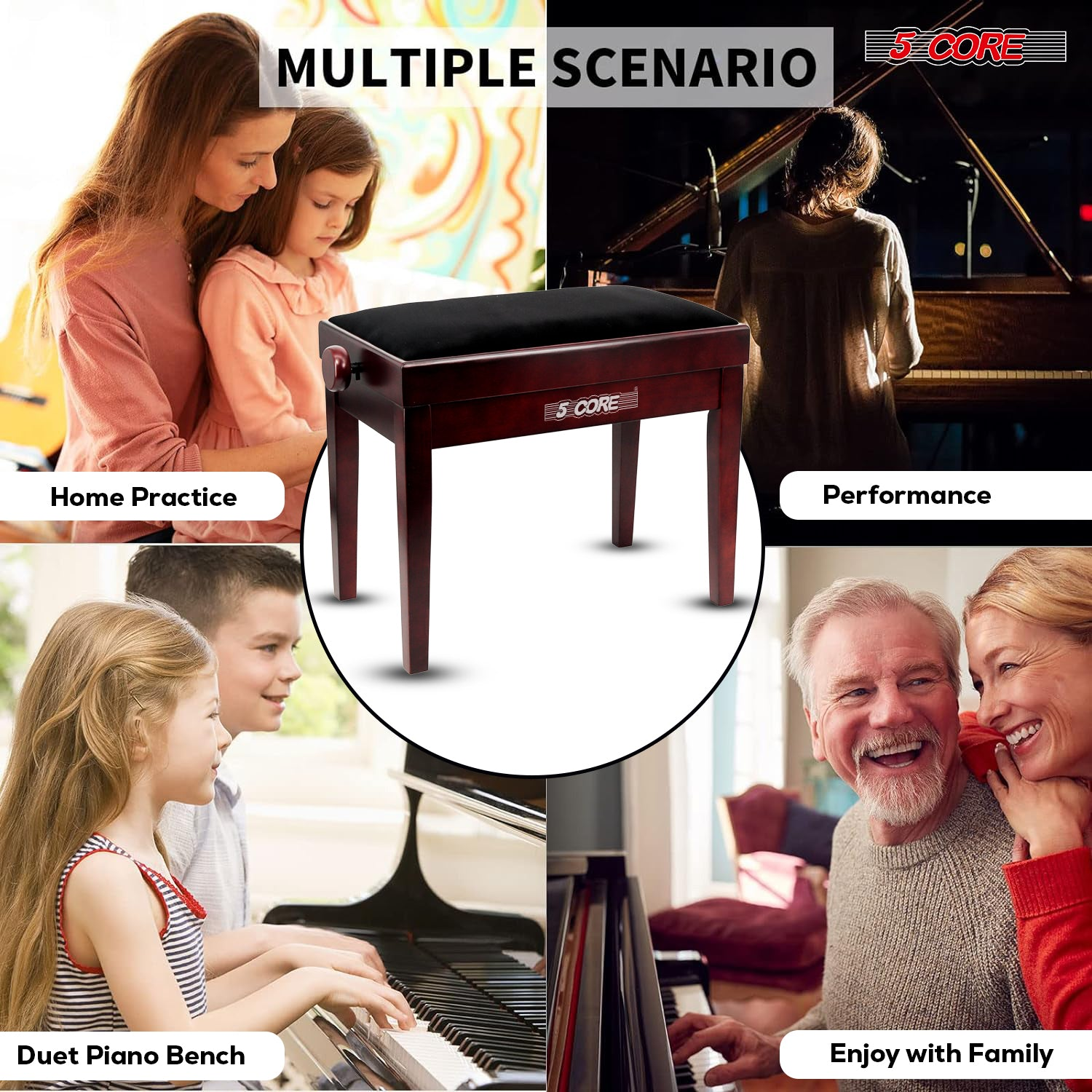 Start2Finish 5 Core adjustable piano bench with thick 3.25-inch solid wood seat and sturdy musician chair design.