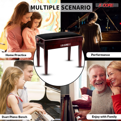 Start2Finish 5 Core adjustable piano bench with thick 3.25-inch solid wood seat and sturdy musician chair design.