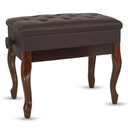 Start2Finish 5 Core Piano Bench with 3-inch padded cushion, wooden frame, adjustable height, and built-in storage for musicians.