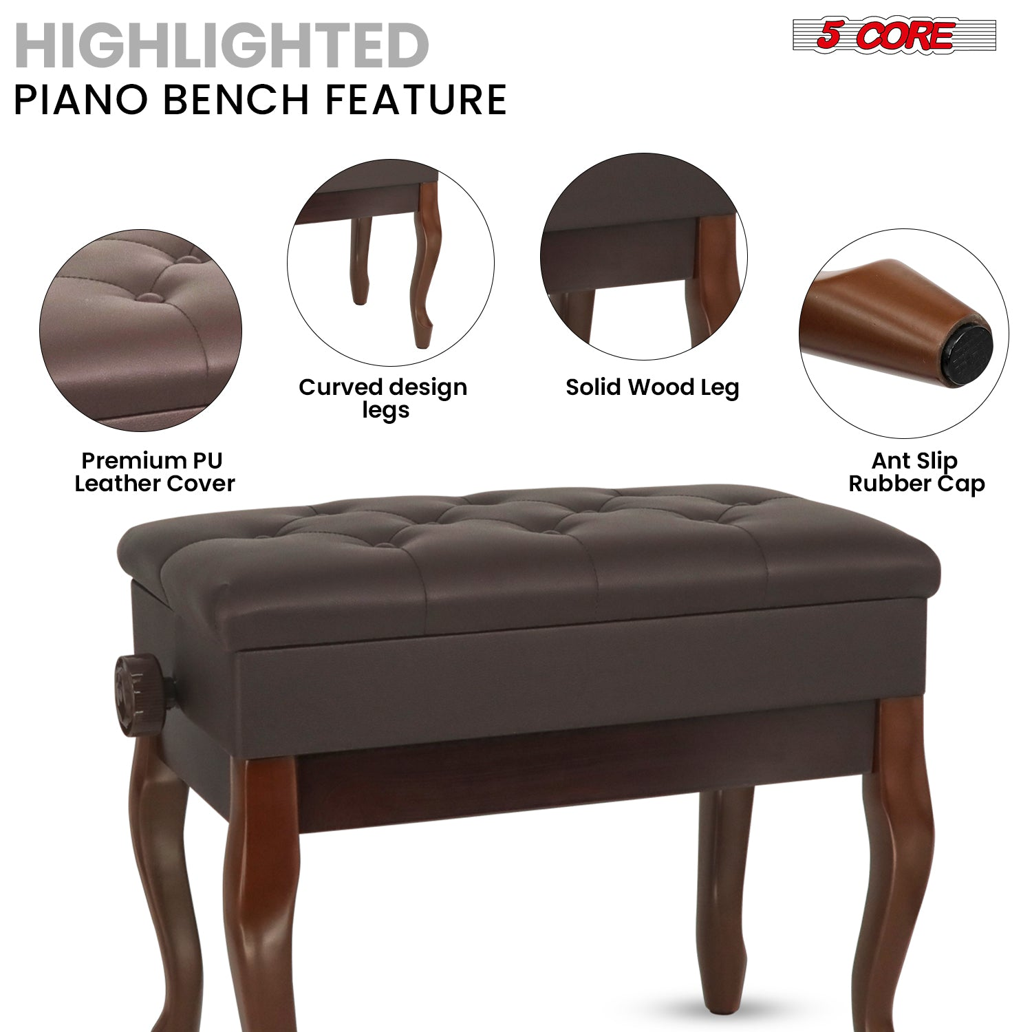 Start2Finish 5 Core piano bench with padded cushion, wooden frame, adjustable height, and built-in storage for musicians.