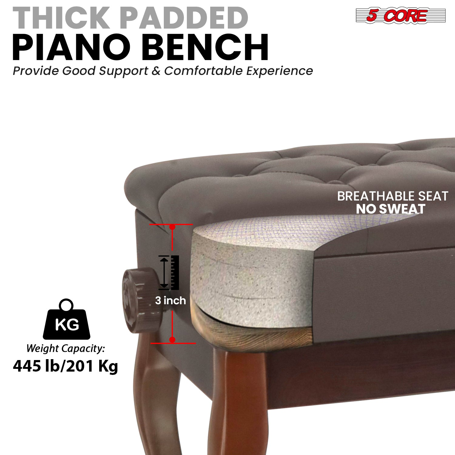 Start2Finish 5 Core piano bench with 3-inch padded cushion, wooden frame, adjustable height, and built-in storage for musicians.
