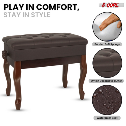 Start2Finish 5 Core piano bench with 3-inch padded cushion, wooden frame, adjustable height, and storage for musicians.
