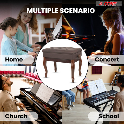 Start2Finish 5 Core padded piano bench with adjustable height, wooden frame, cushioned seat, and built-in storage for musicians.