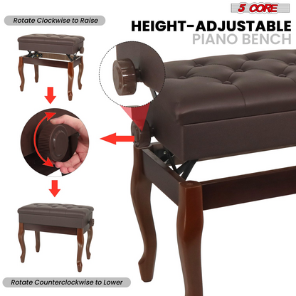 Start2Finish 5 Core Piano Bench with padded cushion, wooden frame, adjustable height, and built-in storage for musicians.