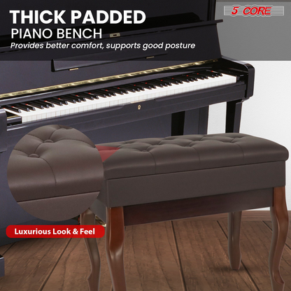 Start2Finish 5 core padded wooden piano bench with storage, adjustable height, cushioned seat, and sturdy heavy-duty design.