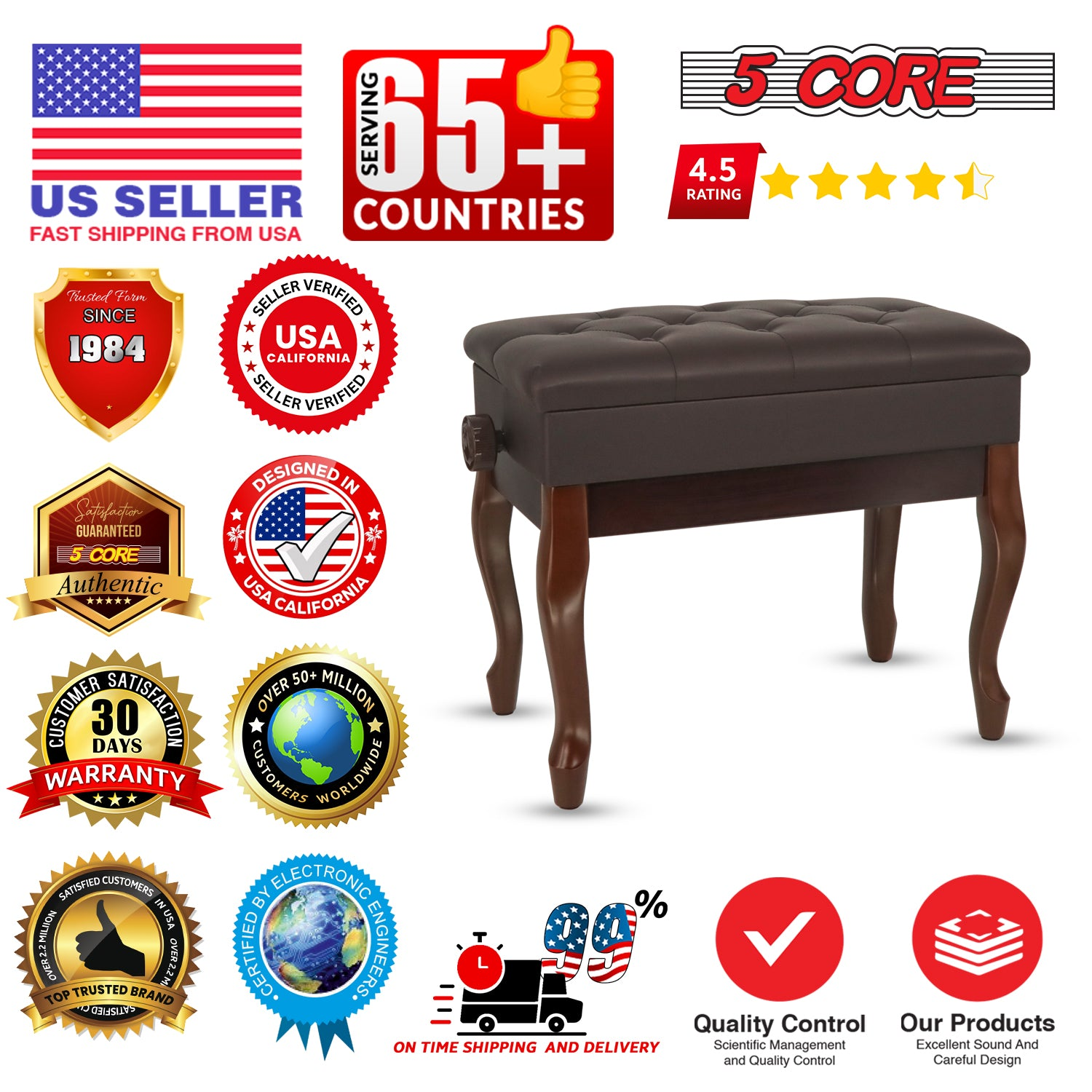 Start2Finish 5 Core piano bench with padded cushion, wooden frame, adjustable height, and built-in storage for musicians.