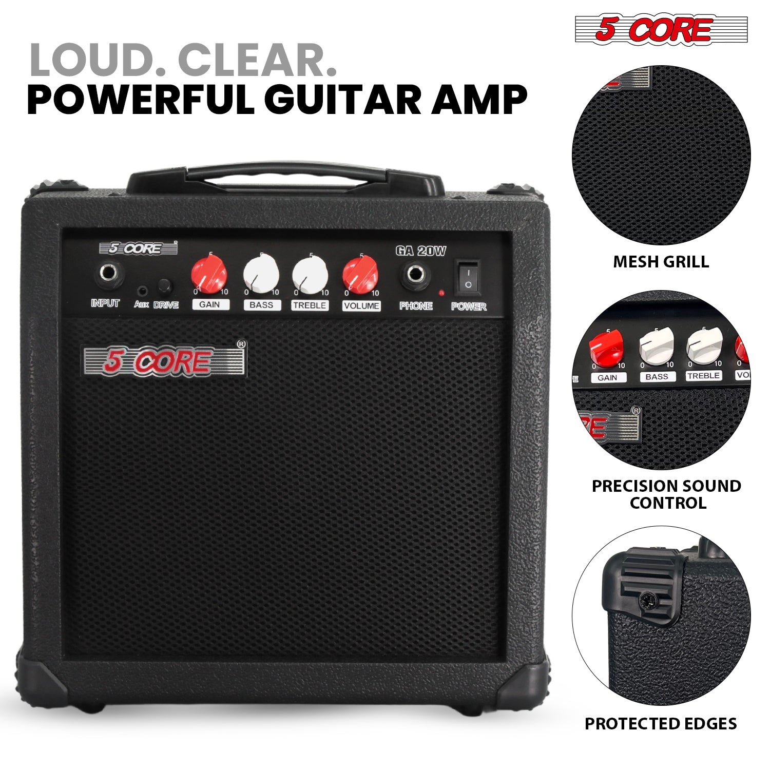 Start2Finish 20W 5 Core Guitar Amplifier with built-in 6.5-inch speaker, portable mini amp with aux input and headphone jack.
