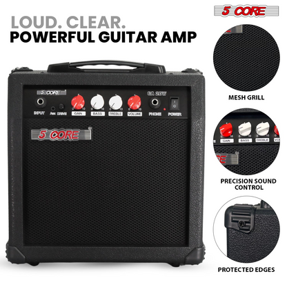 Start2Finish 20W 5 Core Guitar Amplifier with built-in 6.5-inch speaker, portable mini amp with aux input and headphone jack.