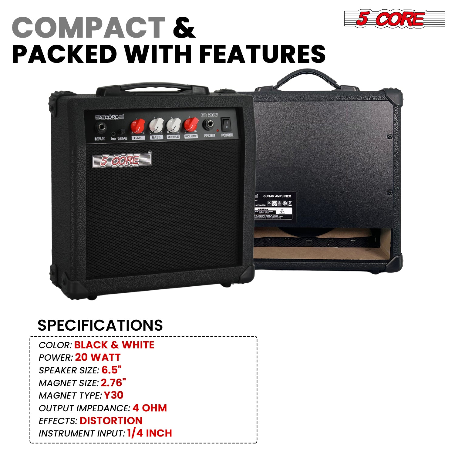 Start2Finish 20W portable guitar amplifier with built-in 6.5-inch speaker, aux input, headphone jack, compact electric musical instrument.
