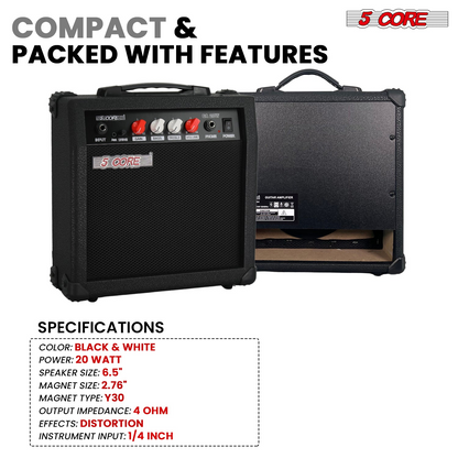 Start2Finish 20W portable guitar amplifier with built-in 6.5-inch speaker, aux input, headphone jack, compact electric musical instrument.