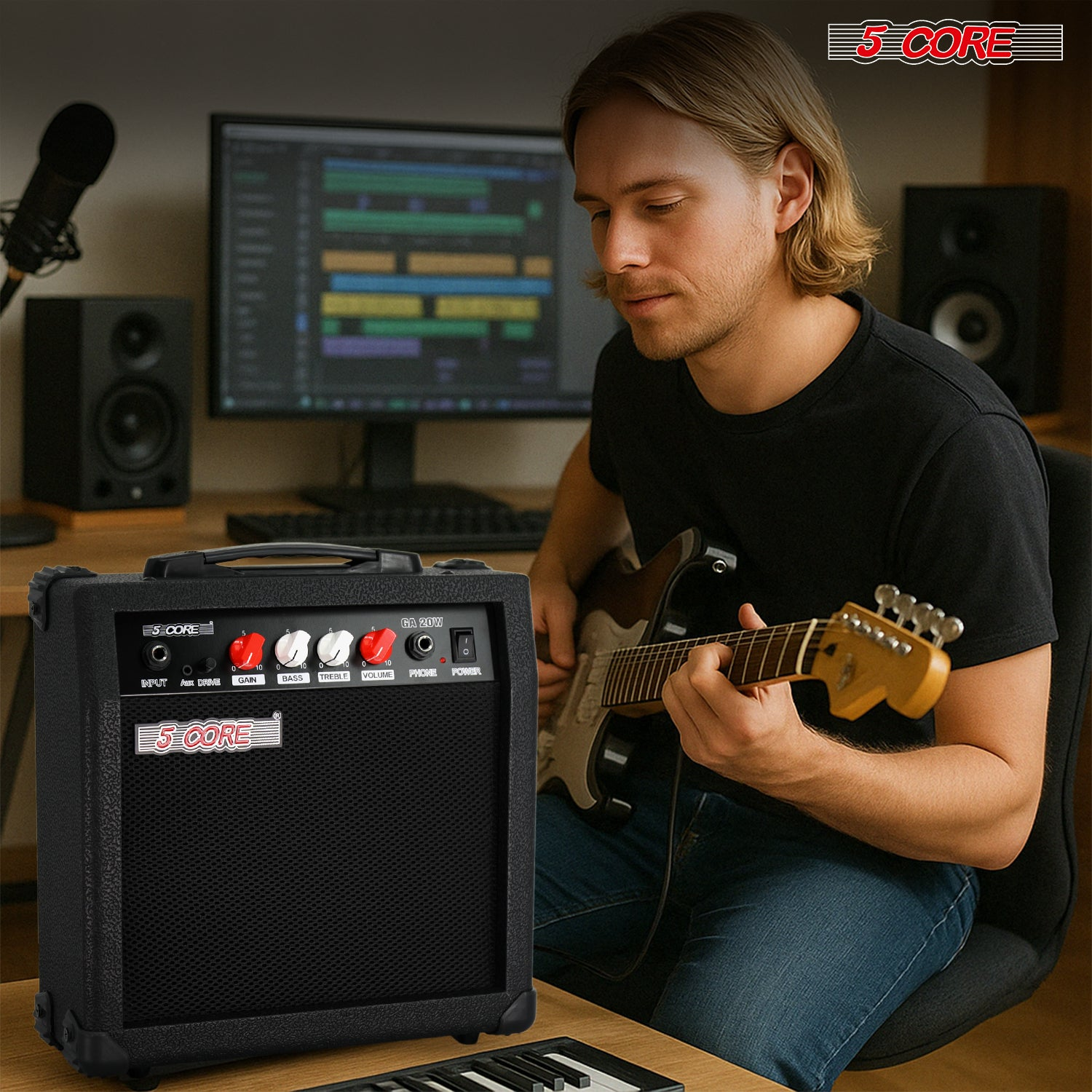 Start2Finish 20W 5 Core electric guitar amplifier with built-in 6.5" speaker, aux input, and headphone jack for portable practice.