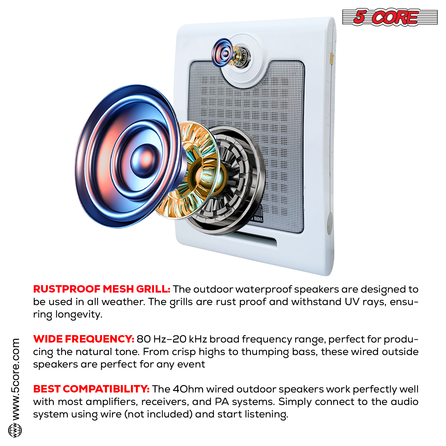 Start2Finish 5Core outdoor stereo in-wall speakers, 500W peak power, passive home audio system with weather-resistant design.